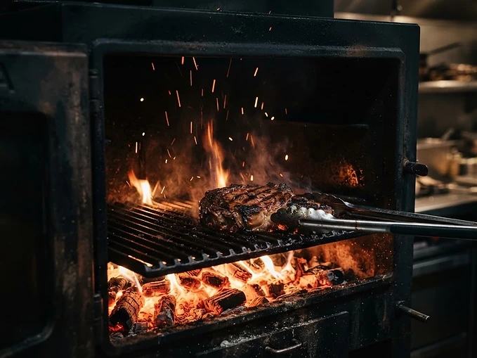 KOPA charcoal oven with glowing orange embers and a steak grilling inside
