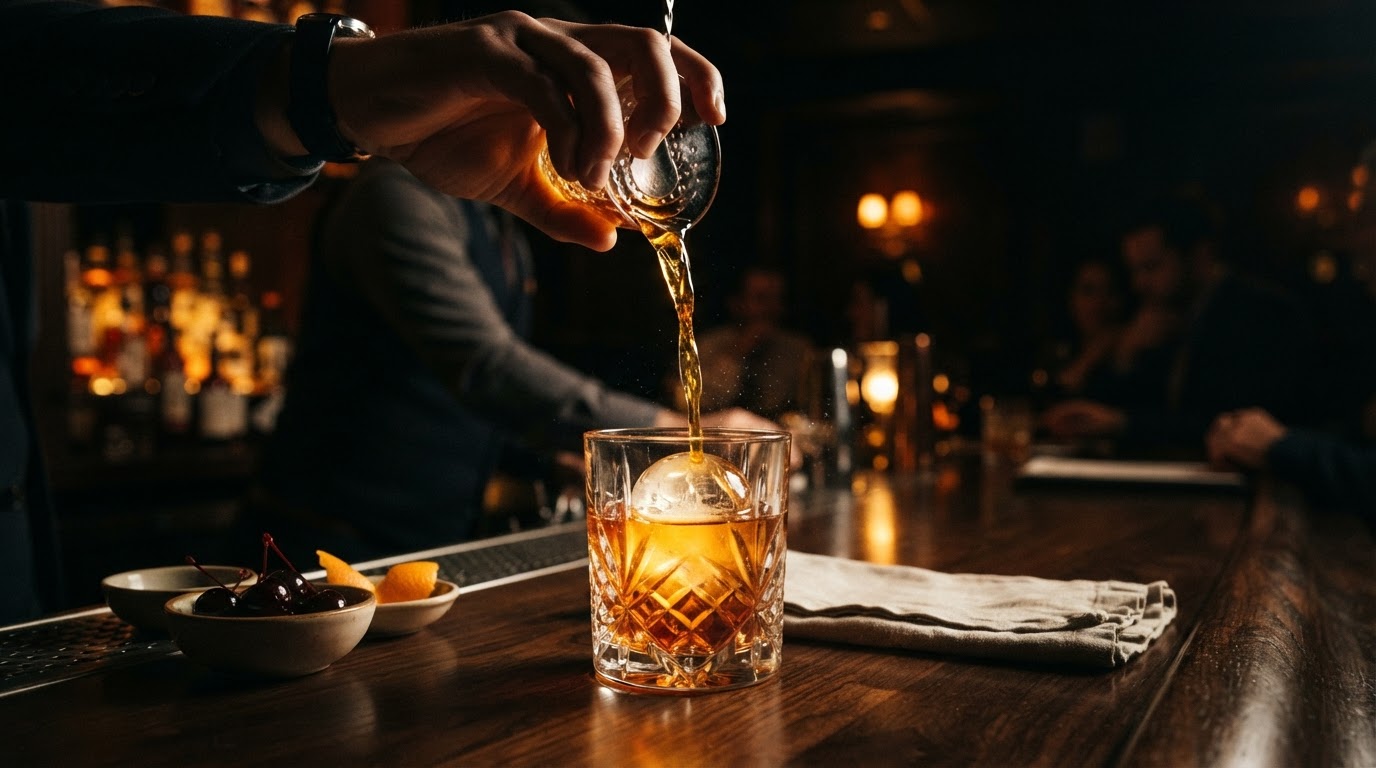 Handcrafted amber cocktail being poured over a large ice cube