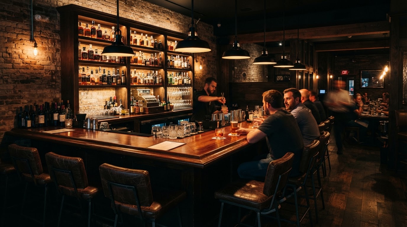 Bar + Block steakhouse bar interior with black pendant lighting and exposed brick
