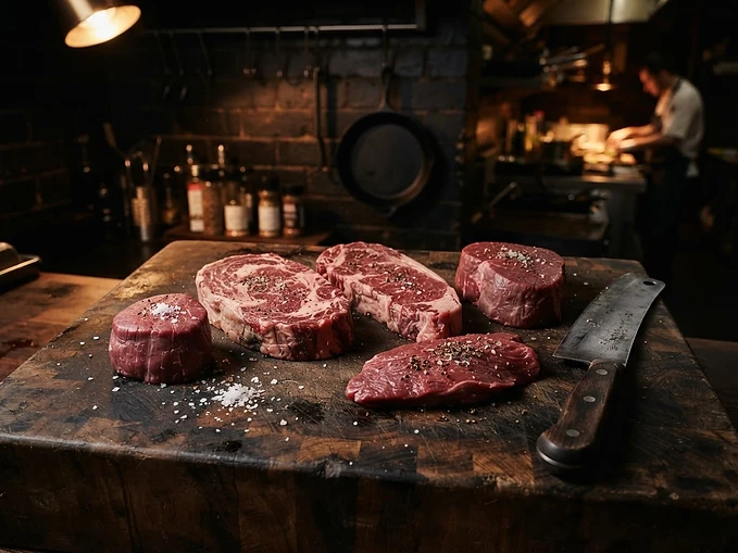 Hand-cut steaks on a dark wood butcher's block with sea salt and a butcher's knife