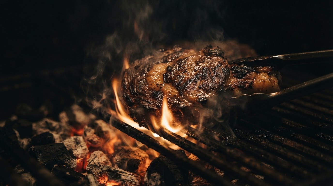 Hand-cut ribeye steak searing over charcoal flames on the grill