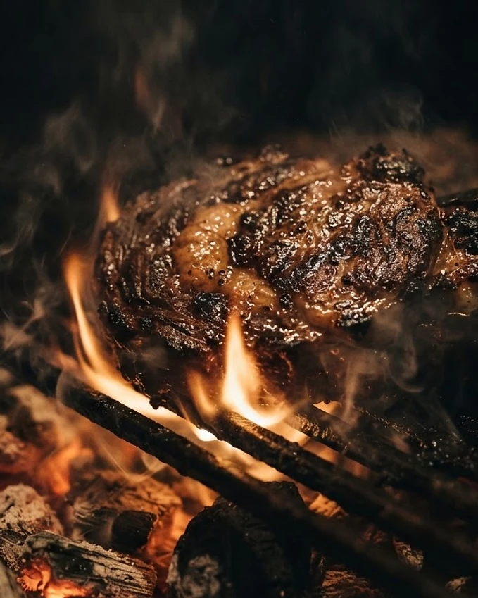 Hand-cut steak searing over charcoal flames