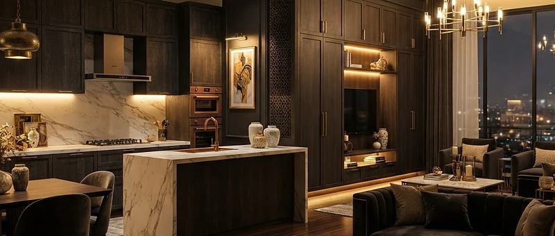Modern interior design with custom kitchen cabinets and wardrobe by HH Construct Craft in Multan
