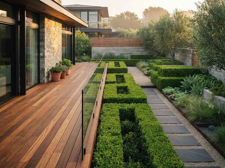 A landscaper sculpting a tidy garden beside a modern home