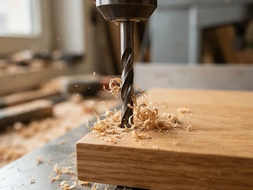 A handyman carefully installing shelving in a home office