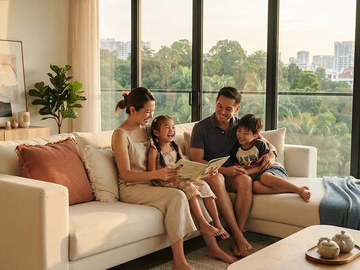 A family relaxing on a freshly cleaned sofa in Singapore