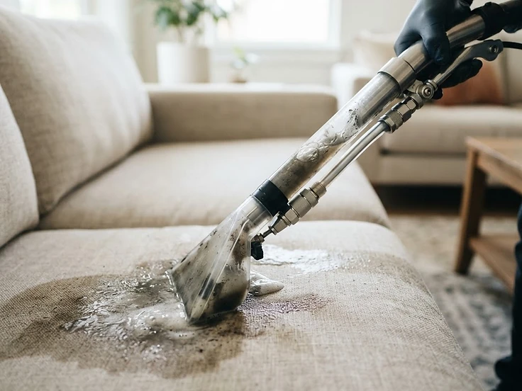Hot-water extraction pulling dirt from a sofa