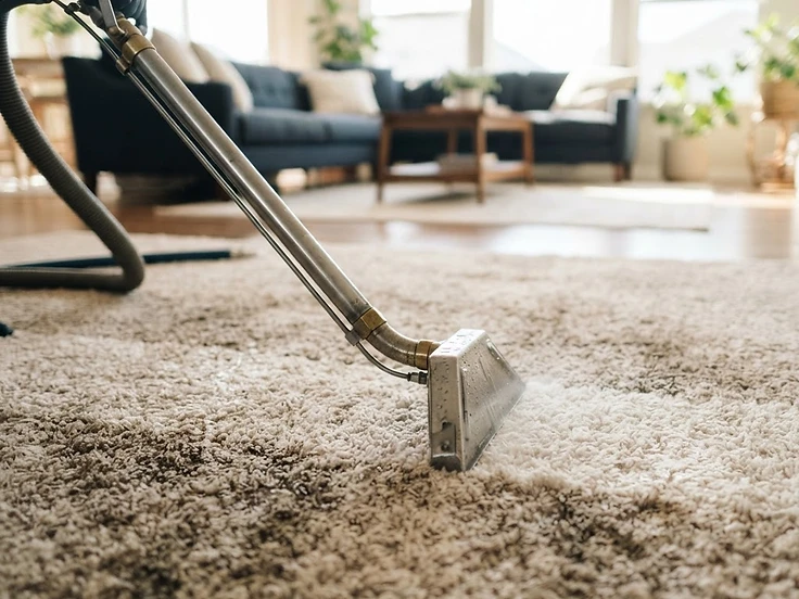 Hot-water extraction wand cleaning a living room carpet