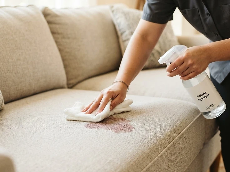 Professional treating a stain on a sofa