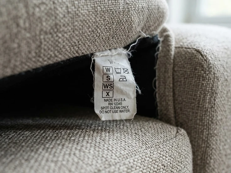 Close-up of a fabric sofa care label tag showing cleaning codes