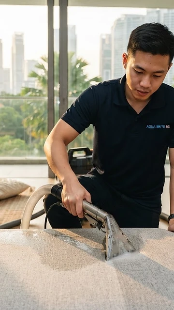 Magic Clean technician deep cleaning a sofa in a Singapore home