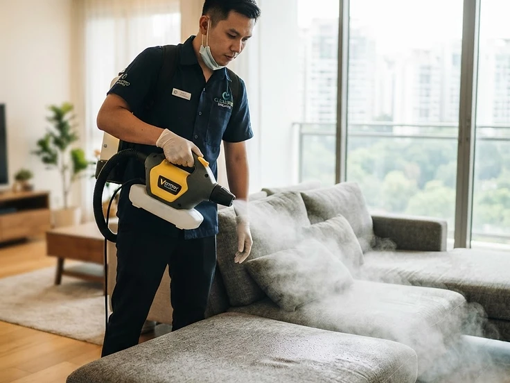 Disinfecting a sofa with electrostatic sprayer