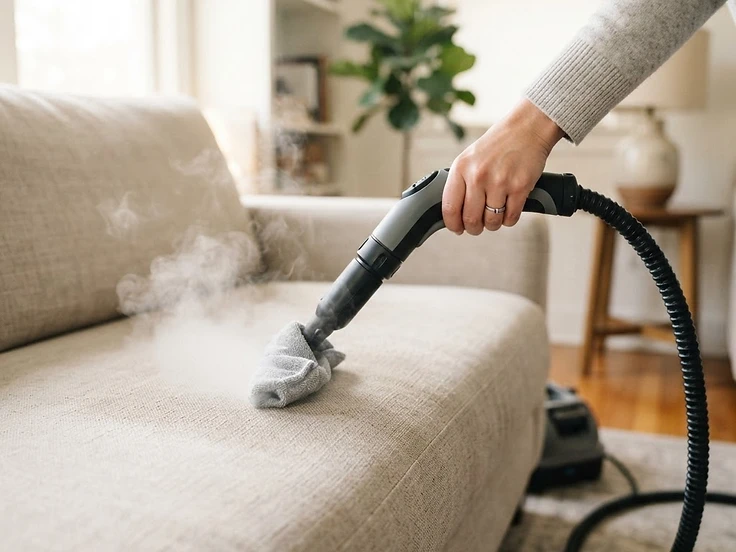 Vapour steam cleaning a sofa