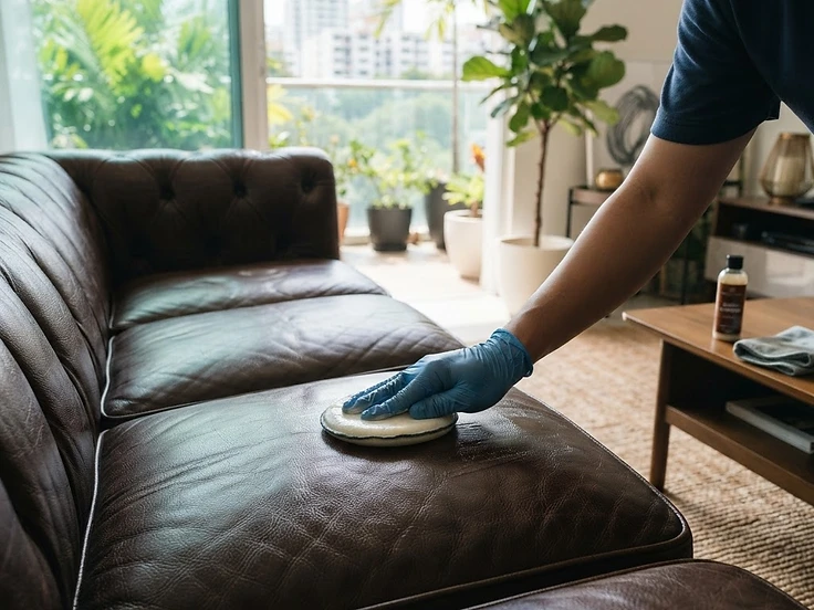 Leather sofa being conditioned in a Singapore home