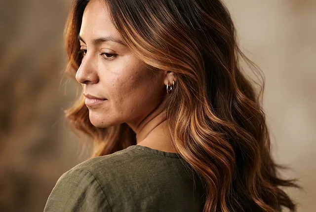 Cabello castaño oscuro con balayage caramelo y profundidad en medios y puntas, referencia visual para recuperar dimensión con balayage inverso.