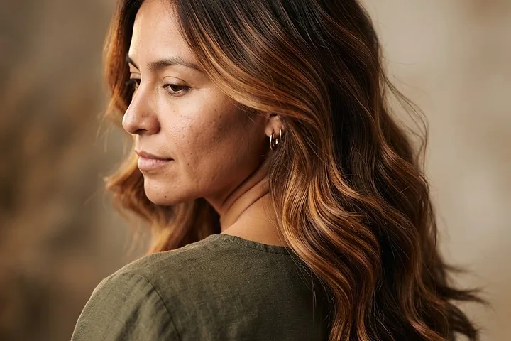 Cabello castaño oscuro con balayage caramelo y profundidad en medios y puntas, referencia visual para recuperar dimensión con balayage inverso.