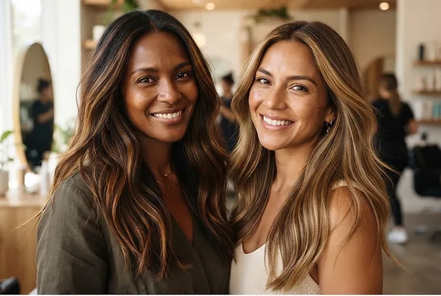 Dos mujeres con balayage caramelo y miel comparan profundidad y luminosidad entre ambos tonos cálidos en ZOE Salon Guatemala.