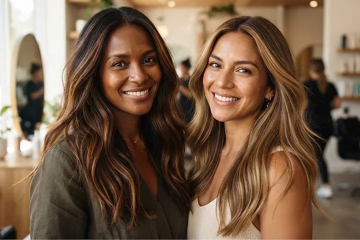 Dos mujeres con balayage caramelo y miel comparan profundidad y luminosidad entre ambos tonos cálidos en ZOE Salon Guatemala.