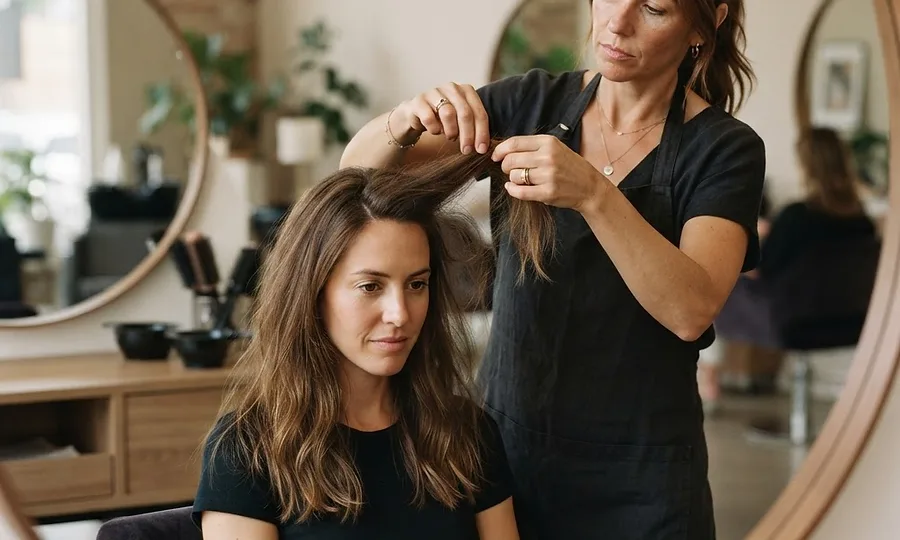 Colorista de ZOE Salon Guatemala evalúa base y textura del cabello para personalizar el tono y la intensidad del balayage.