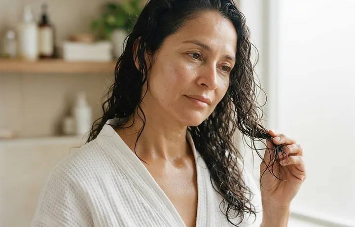 Cabello áspero después de lavarlo: mujer con puntas húmedas, enredadas y resecas en una guía de ZOE Salon Guatemala.