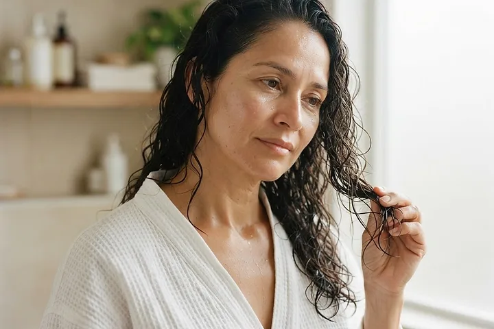 Cabello áspero después de lavarlo: mujer con puntas húmedas, enredadas y resecas en una guía de ZOE Salon Guatemala.