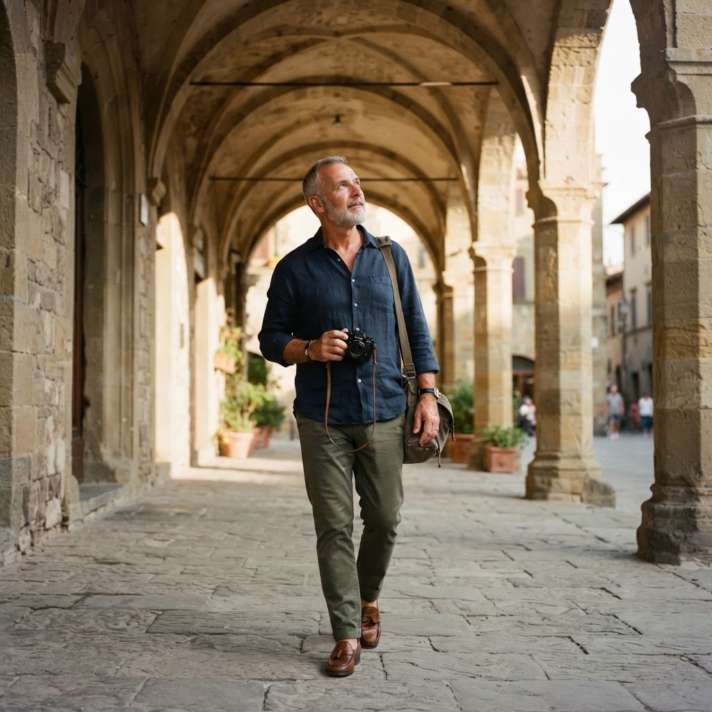 A man with a grey beard exploring a sunlit Italian arcade with his camera