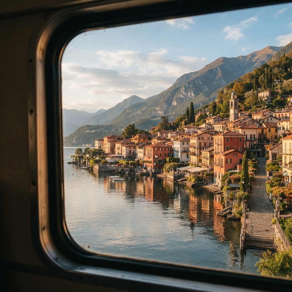 An Italian lakeside town seen through a coach window in late afternoon sun
