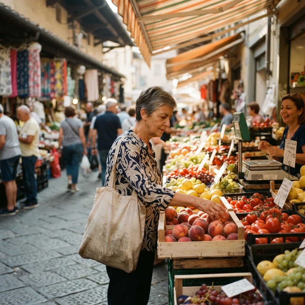 A traveller choosing fruit at a sunlit Italian market stall