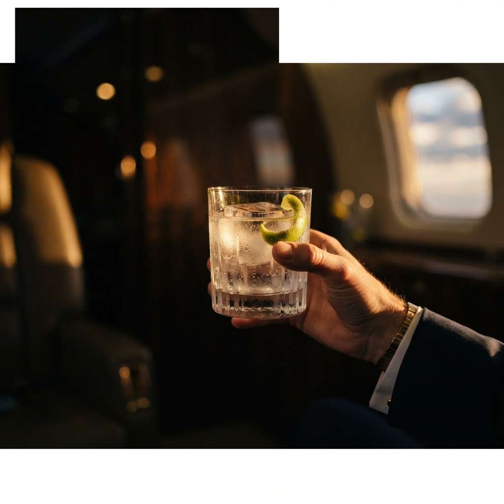 A hand holding a glass of gin and tonic, light glinting through the ice