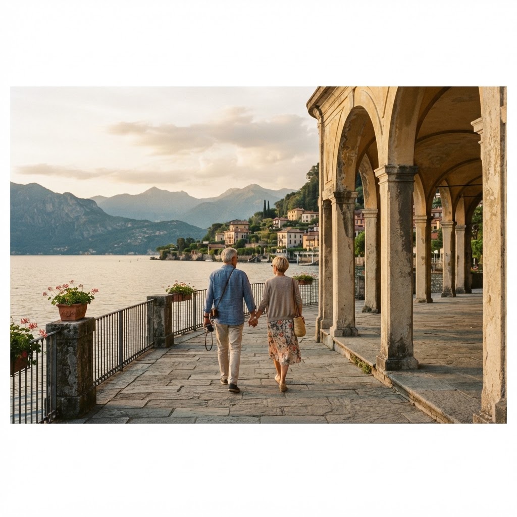 An arched lakeside promenade in warm evening light