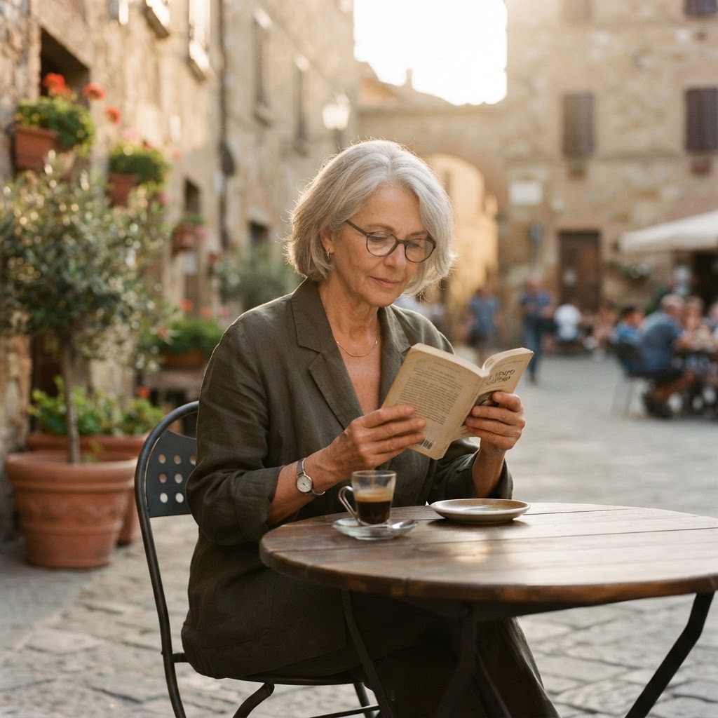 A woman reading quietly at a piazza cafe as the village goes about its day