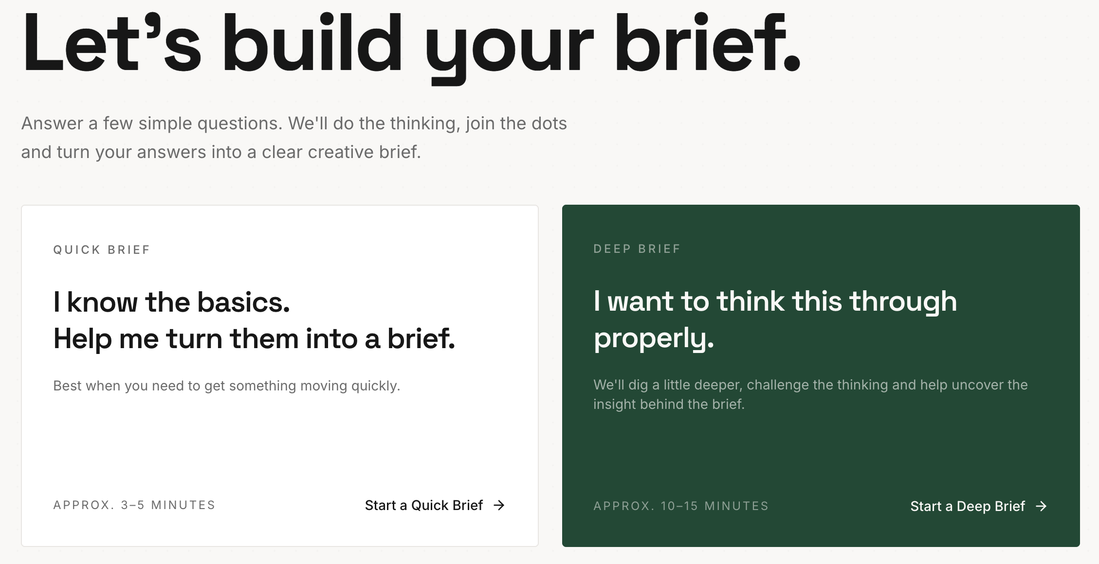 The HARPP Brief home screen, offering a quick brief or a deep brief