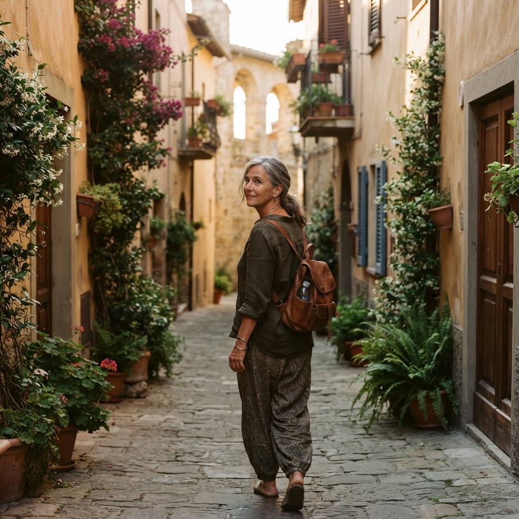 A traveller walking down a sunlit Italian alley