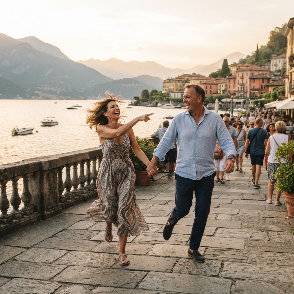 A couple walking hand in hand along a lakeside promenade in Italy at golden hour