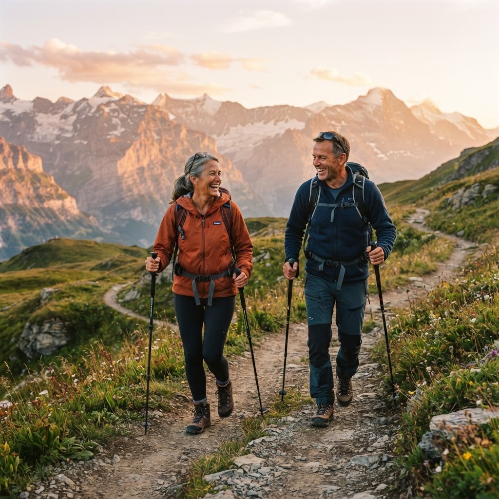 An active couple hiking an alpine path together, laughing at golden hour