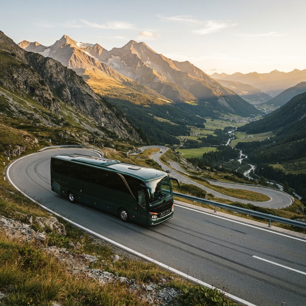 A Leger coach travelling through spectacular alpine scenery at golden hour