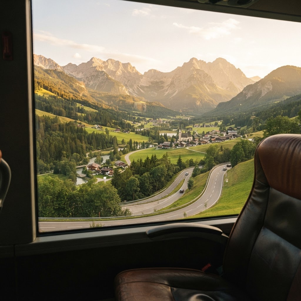 A winding Alpine road and village seen from a coach window at golden hour