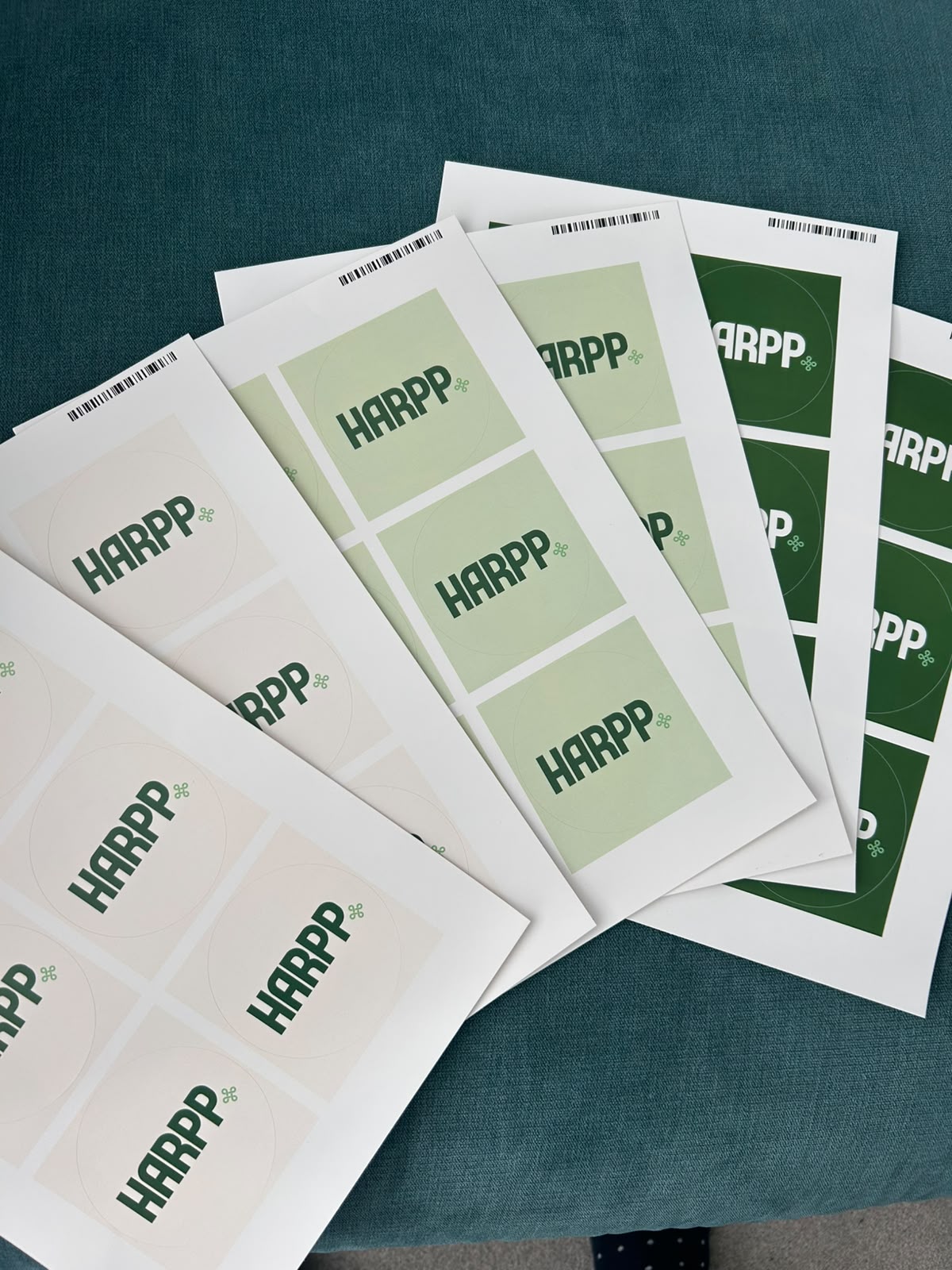 Sheets of HARPP sticker circles fanned out across a teal cloth