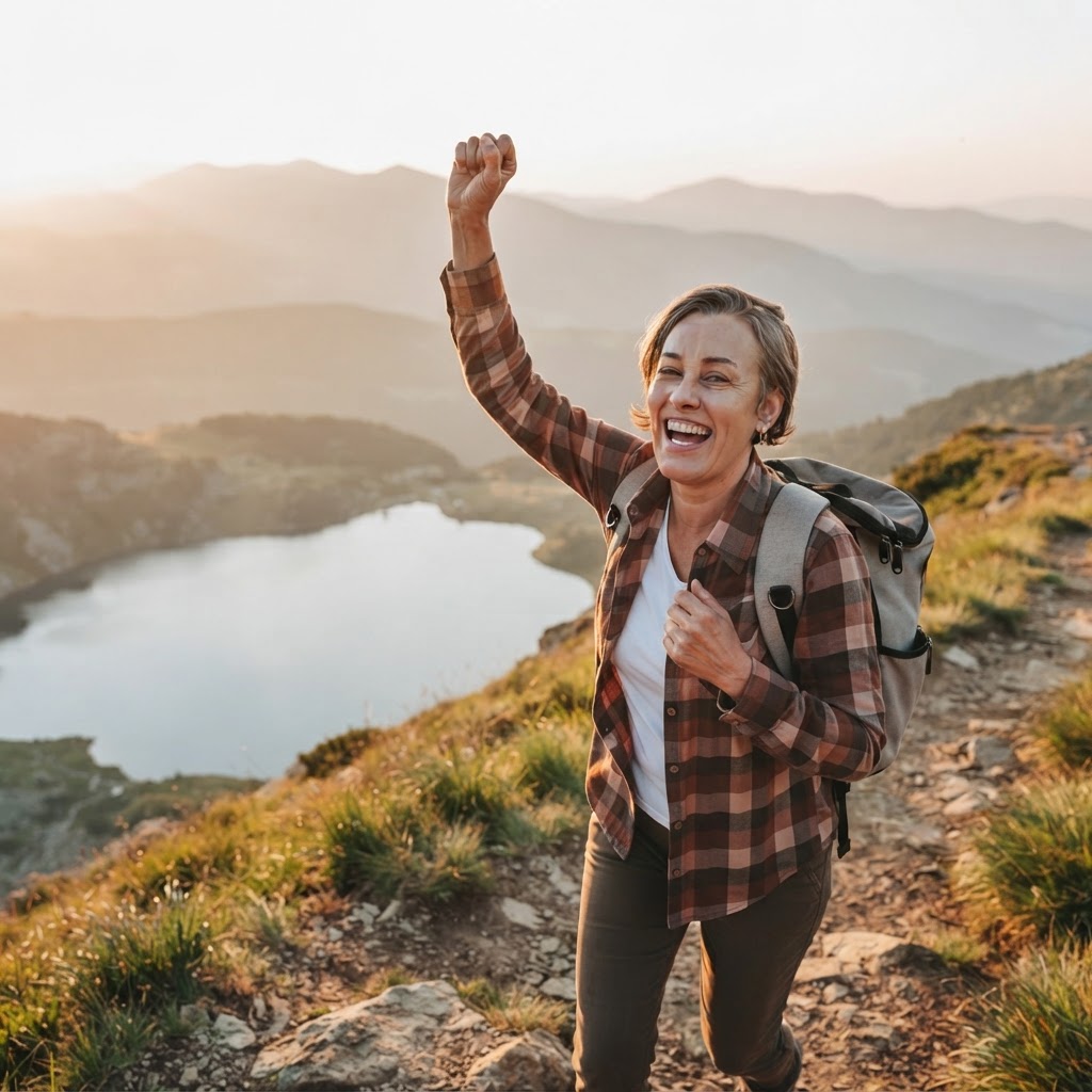 A woman with grey-blonde hair hiking a mountain trail above a lake, laughing at golden hour