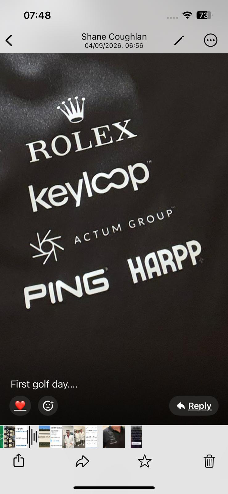Client logos printed in white across a dark HARPP golf-day shirt