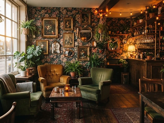 Cosy Lounge interior with patterned wallpaper and vintage furniture