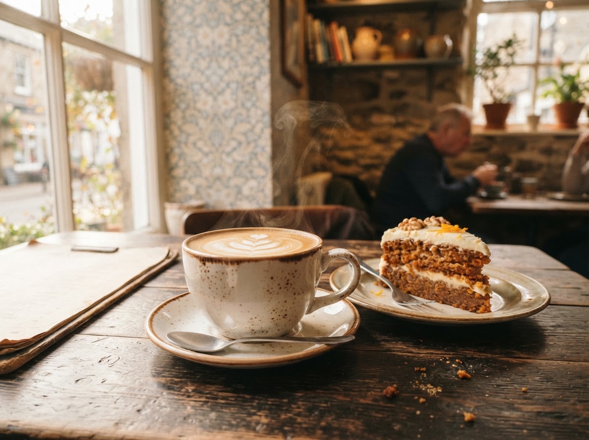 Latte art coffee with cake