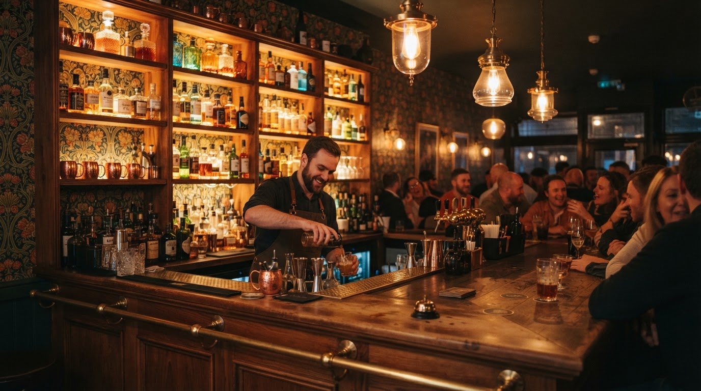 Bar counter with warm amber lighting