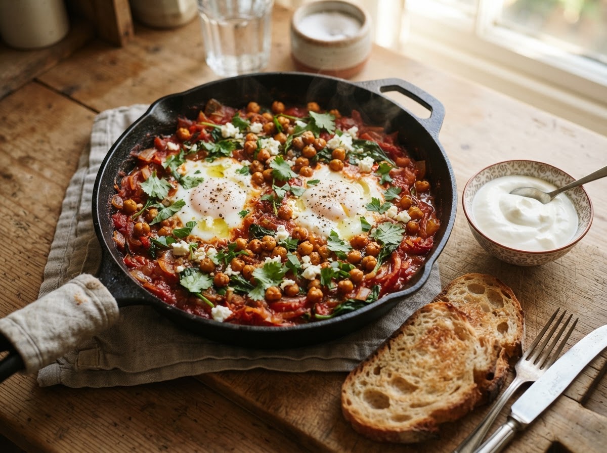 Shakshuka with poached eggs and sourdough
