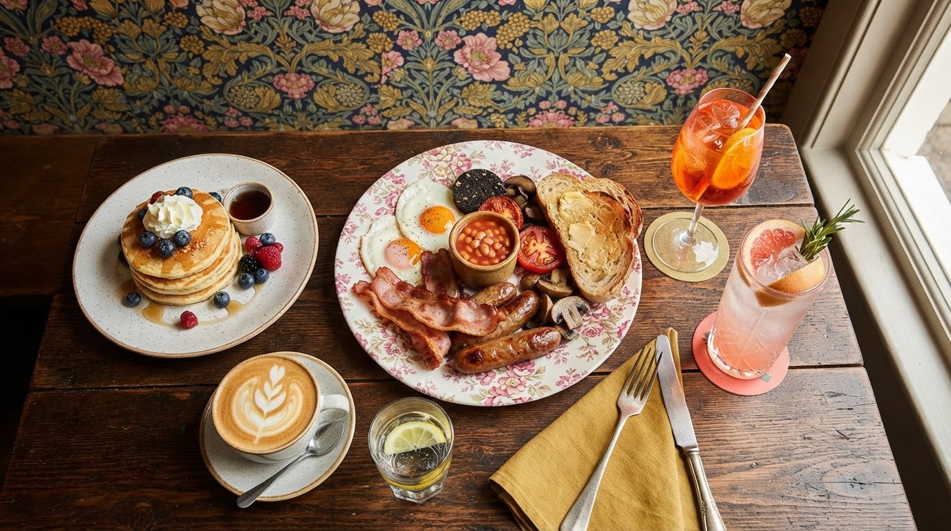 Overhead spread of brunch dishes