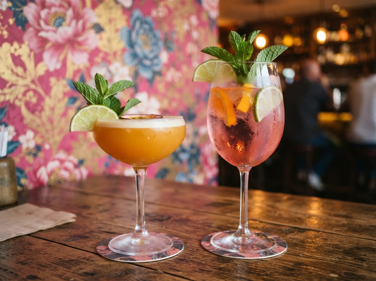 Two craft cocktails with lime garnish