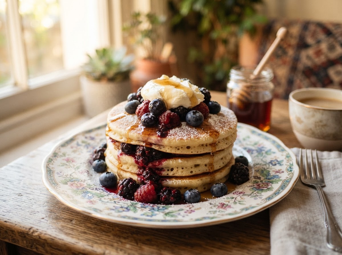 Pancakes with blueberries and maple syrup