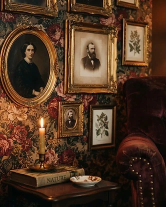 Lounge interior with bold wallpaper and eclectic art