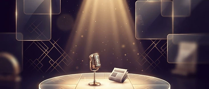 Golden spotlight beams over a purple stage