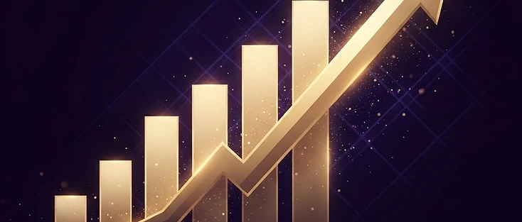 Rising golden bar chart over a purple background